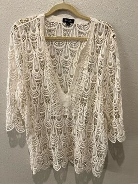 Brittany Black Cream Crochet V-Neck Tunic cover-up XL